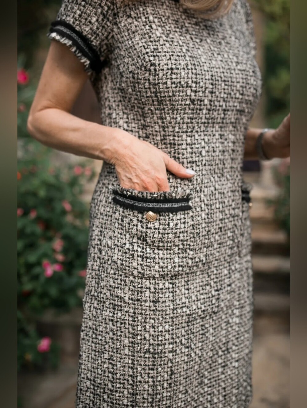Fringe Jolie Metallic Tweed Midi Shift Dress